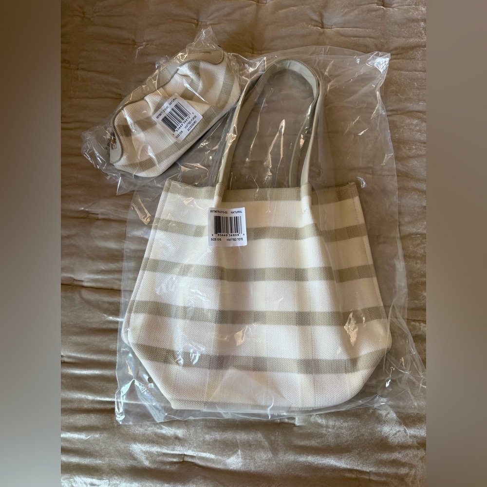 Stylish Plaid Tote Bag Set - Cream